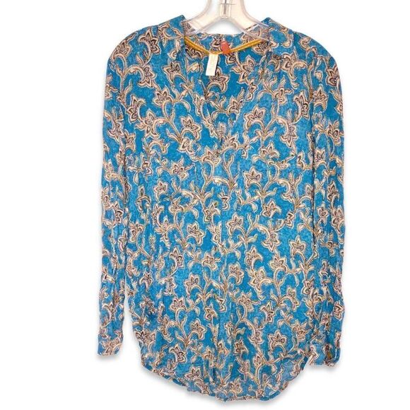 Anthropology Pilcro Turquoise Top LS Button Front V neck Brown Pattern S‎ - Picture 1 of 14